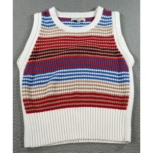 Loft Sweater Vest Women's Large White Striped knitted Ribbed Classic Preppy
